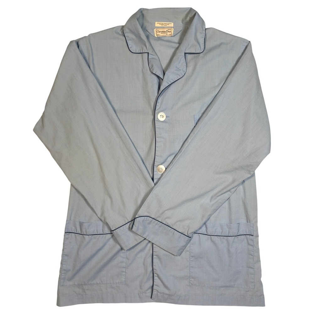 Vintage Christian Dior Monsieur Pajama Top Blue Cotton Blend Pockets Medium
